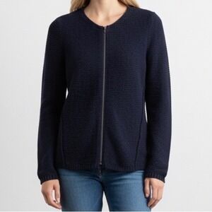 Eileen Fisher Linen Blend Knit Zip‎ Front Jacket Cardigan Navy Blue size Medium